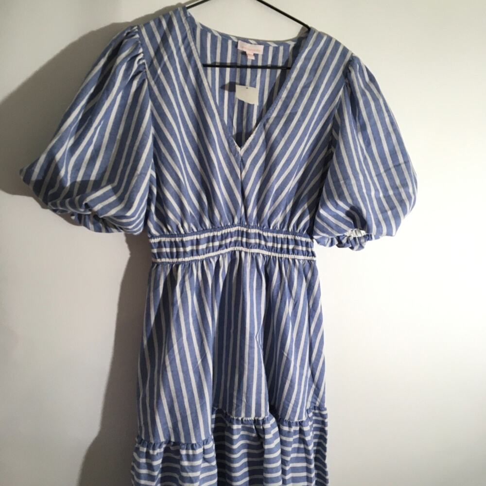 Love Wednesday Women's Size Medium Blue & White Cotton Striped Midi Dress - Picture 2 of 7